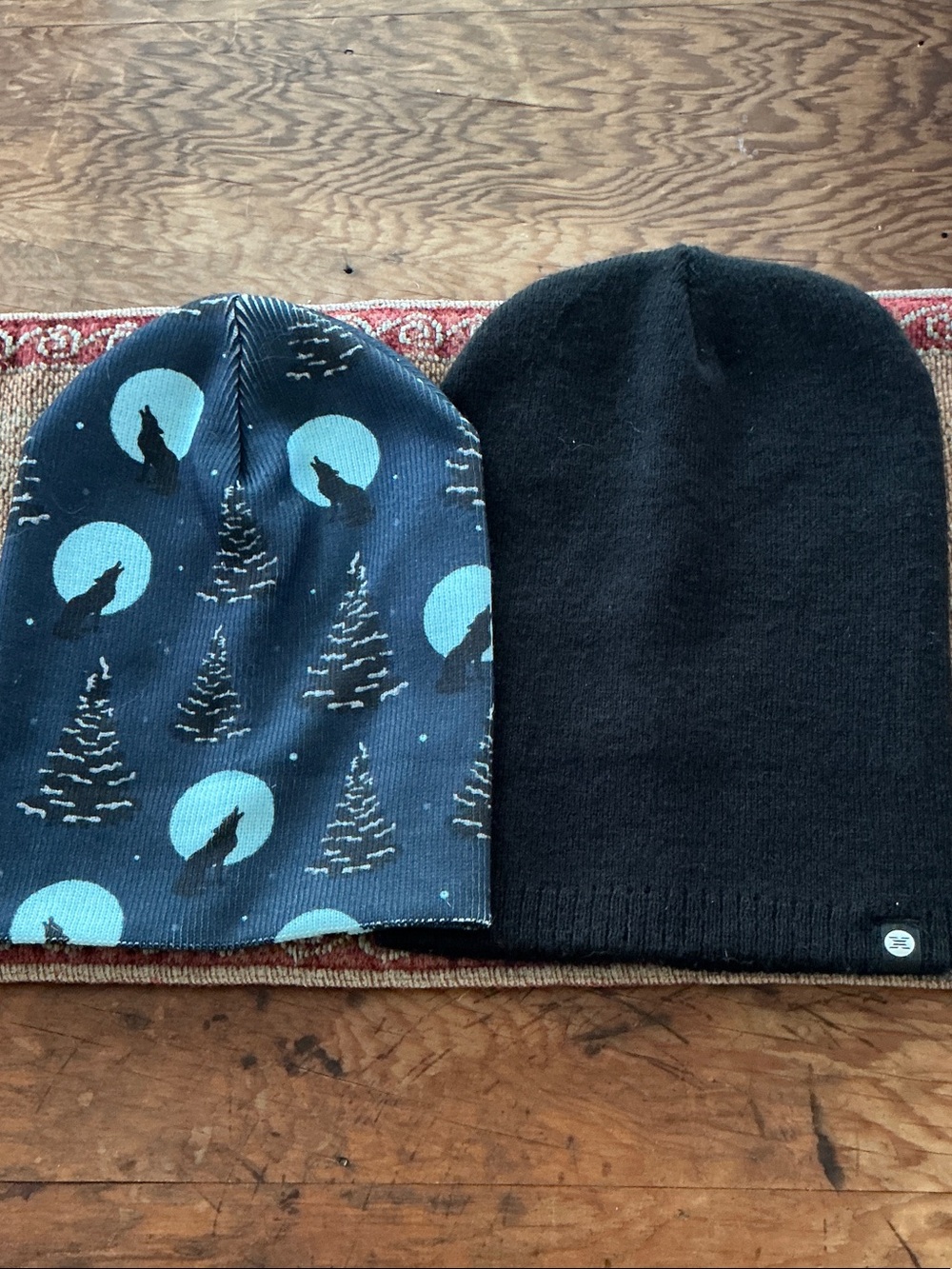 Slouchy Winter Beanie Set - Black & Teal Moon Pattern